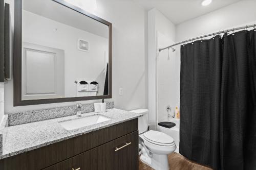 a bathroom with a sink and a toilet and a mirror at Luxe 3B/2B Getaway - Pool, Gym, Parking, Pet Wash in Leander