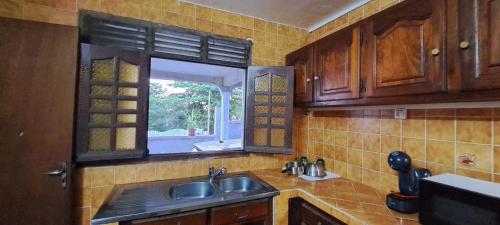 d'une cuisine avec des placards en bois, un évier et une fenêtre. dans l'établissement KAZ A CYCY, à Vieux-Habitants