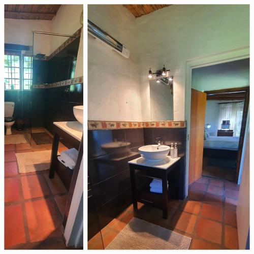 two pictures of a bathroom with a sink and a mirror at Belle vallée Cottage in Greyton
