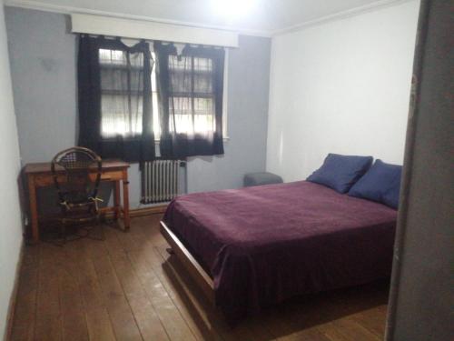 貝拉維斯塔的住宿－Nomads Buenos Aires，一间卧室配有一张床、一张书桌和一个窗户。
