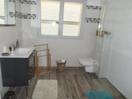 a bathroom with a sink and a toilet and a window at Villa vue mer et nature route de Cigala in Sollacaro