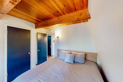 a bedroom with a bed with blue pillows on it at Cozy Cabin in Groveland