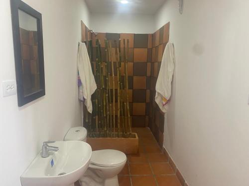 a bathroom with a shower and a toilet and a sink at Cabaña La Guadalupana, paga 2 noches y te obsequio la 3ra in Los Córdobas