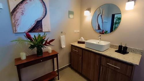 a bathroom with a sink and a mirror at Suite Dream Blue in Tamarindo