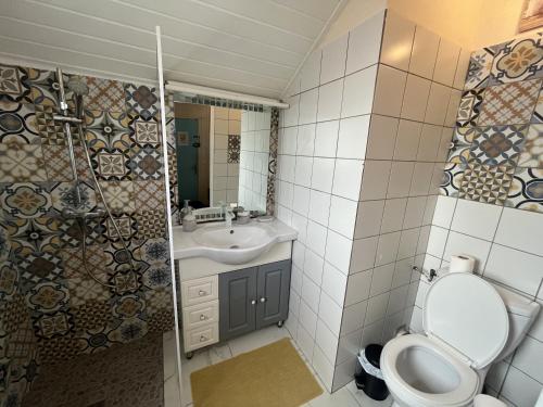 La salle de bains est pourvue de toilettes, d'un lavabo et d'une douche. dans l'établissement DUPLEX 5 ÉTOILES ENTRE MARINA ET GOLF INTERNATIONAL, à Saint-François