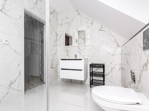 a white bathroom with a toilet and a sink at Comfortable holiday complex in Jastrzebia Gora in Jastrzębia Góra