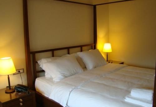 a bedroom with a large white bed with two lamps at Styga Mountain Resort in Zarouchla
