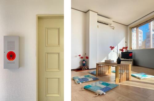 two pictures of a room with a door and a table at Uhome Mitomi Home 3F in Tokyo