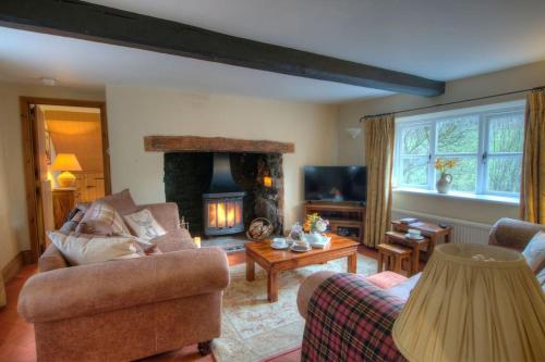 a living room with a couch and a fireplace at River Cottage Brecon: Hot Tub, Fire, Balcony, Wifi in Brecon
