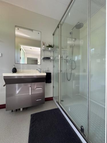 uma casa de banho com uma cabina de duche em vidro e um lavatório. em Tanjanerup Chalets. “Clementine” em Nannup