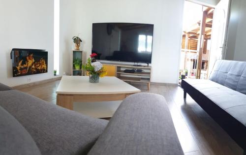 a living room with a couch and a table and a tv at Villa bon'heure -Le tibouchina in Le Tampon