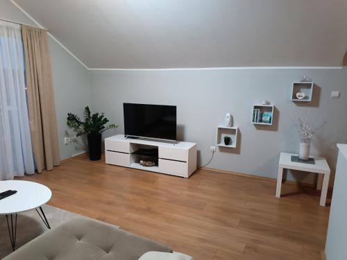a living room with a flat screen tv on a white cabinet at Apartman Mima in Borča