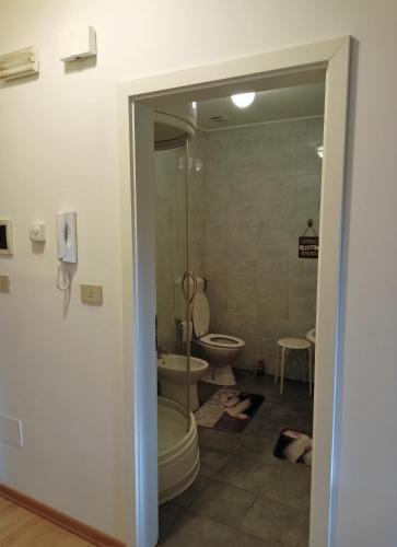 a bathroom with a toilet and a glass door at Tenuta PARAVANO in Povoletto