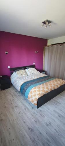 1 dormitorio con 2 camas y pared de color rosa en Maison d'hôtes chez Thibaut, en Pougues-les-Eaux