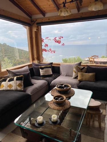 a living room with a couch and a large window at Villa Haris in Sarti