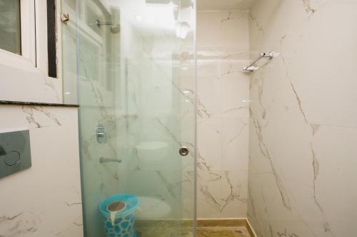 a shower with a glass door in a bathroom at Hotel Kabir Palace Karol Bagh in New Delhi