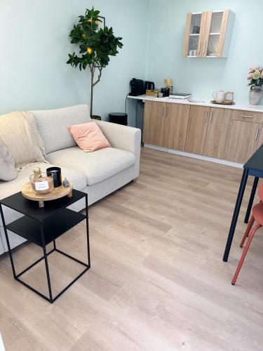 - un salon avec un canapé et une table dans l'établissement WellnessStudioTiel, à Norwich