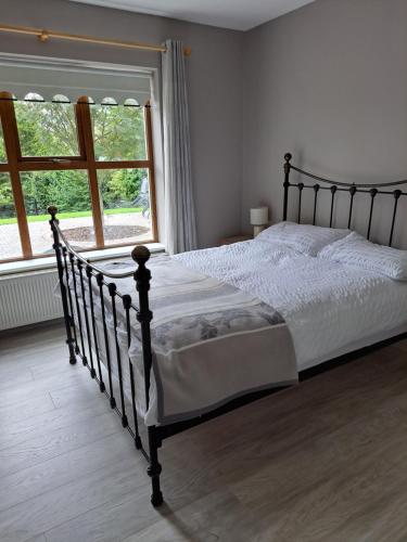 un letto in una camera da letto con una grande finestra di Pollys Haven a Ballybrack