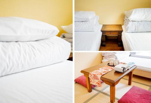 two pictures of a room with a bed and a table at Ustay Kitakoiwa in Tokyo