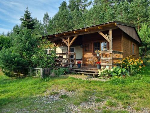a log cabin with a porch in the woods at Domek holenderski - drewniany w centrum Kaszub in Szklana Huta