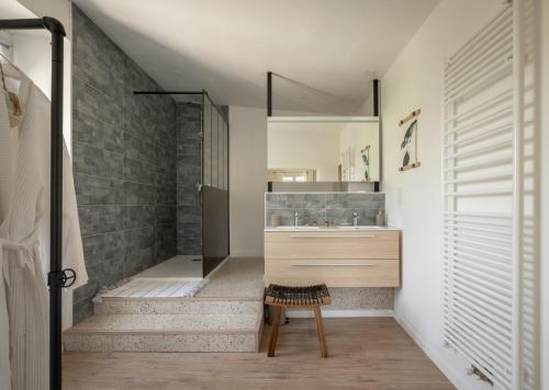 a bathroom with a walk in shower and a sink at Ferme Sarthou in Lucq-de-Béarn