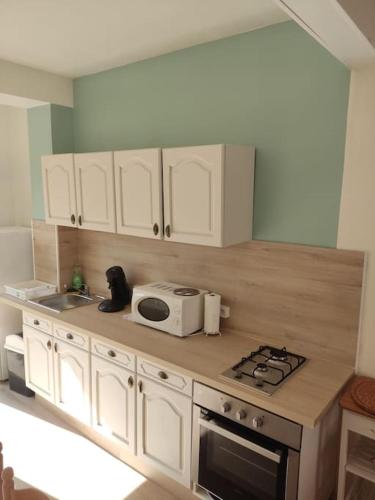 une cuisine avec des armoires blanches et un micro-ondes dans l'établissement La Saint Quentinoise (avec cour), à Saint-Quentin