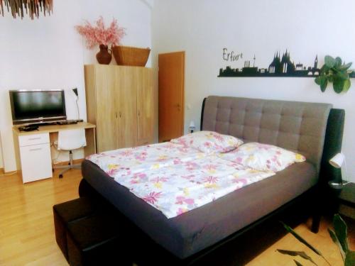 Schlafzimmer mit einem Bett, einem Schreibtisch und einem TV in der Unterkunft Apartment Lawrenz in Erfurt