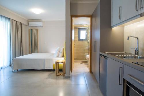 a hotel room with a bed and a bathroom at Zisis Suites in Nydri