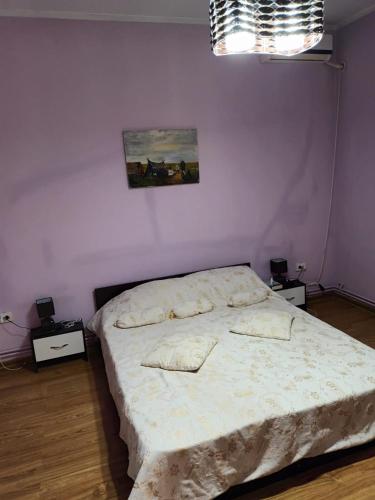 a bed in a bedroom with a picture on the wall at Apartament cu 1 dormitor in Ploieşti