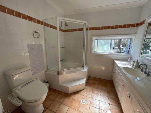 La salle de bains est pourvue de toilettes, d'une douche et d'un lavabo. dans l'établissement Absolutely Lakeside House, quiet and peace, à Killarney