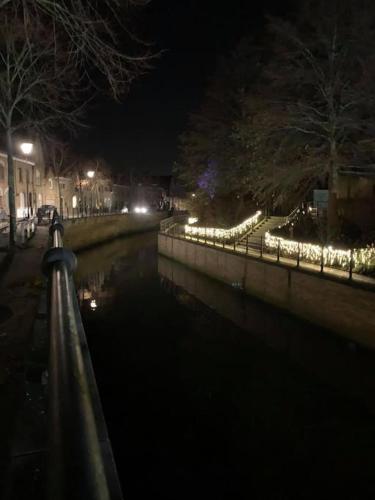 a nightime view of a pond with lights on a fence at Kleine Dijk in Diksmuide
