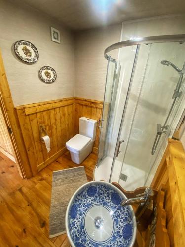 a bathroom with a sink and a glass shower at Dulrush Self-Catering Lodges in Belleek