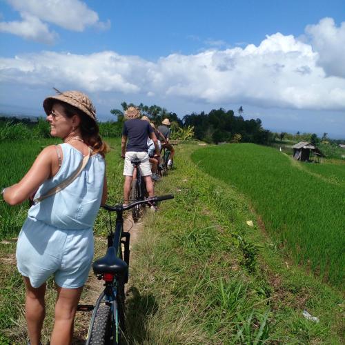 a group of people riding bikes in a field at Umah Desa in Banjarangkan