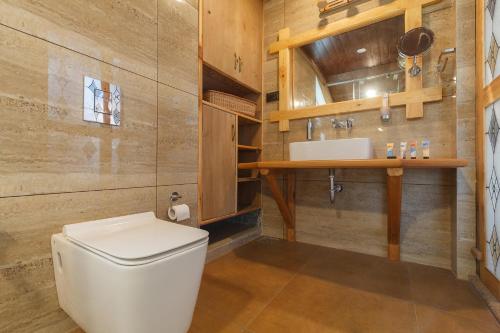 uma casa de banho com um WC e um lavatório em StayVista at Suroor with Central Heating in Tanmarg em Tangmarg