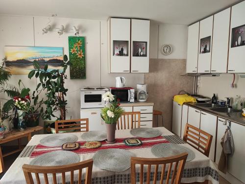 a kitchen with a table and chairs in a kitchen at Half a house w/your own door, 60m2 in Tornio