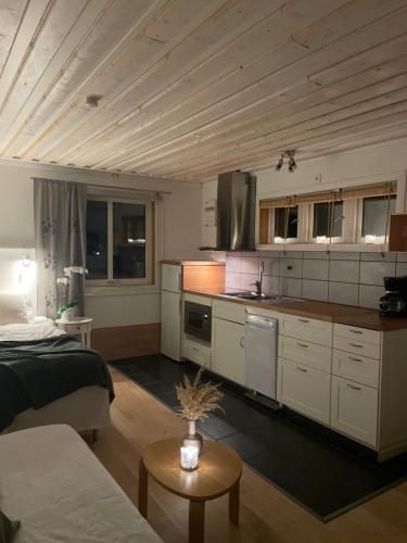 a kitchen with a bed and a table in a room at Hammaröstugan in Hammarö