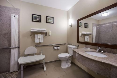 a bathroom with a toilet and a sink and a mirror at Comfort Inn & Suites Midway - Tallahassee West in Midway