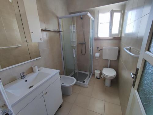 La salle de bains est pourvue d'une douche, de toilettes et d'un lavabo. dans l'établissement Lisbon traditional T2 with balcony in Damaia, Lisbon, à Amadora