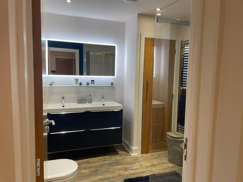 a bathroom with a sink and a toilet and a mirror at Carbis Bay Suite, Carbis Bay, St Ives, free parking, near beach in Carbis Bay