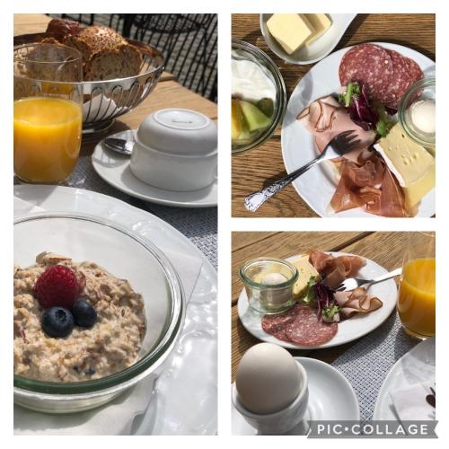 a collage of pictures of breakfast foods and orange juice at Hotel Feldmann in Münster