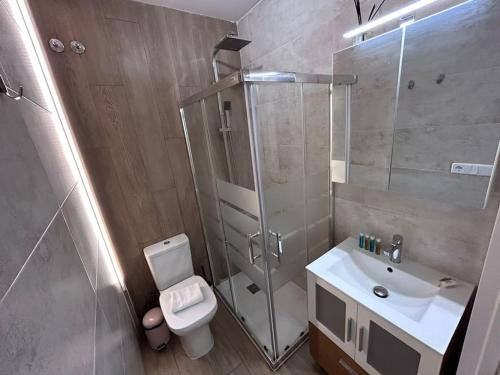 ein Bad mit einer Dusche, einem WC und einem Waschbecken in der Unterkunft Nice flat in Gran Via CB-GRAC-18B in Madrid