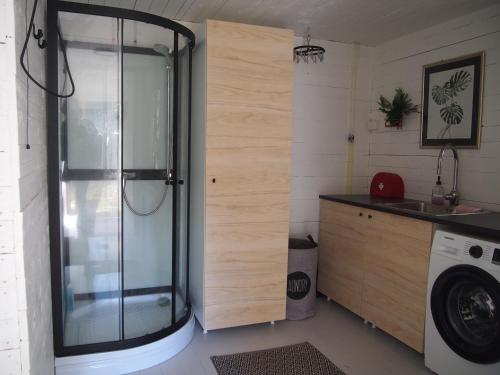 y baño con ducha y lavadora. en Söderstrand B&B, en Suur Ahvenkoski