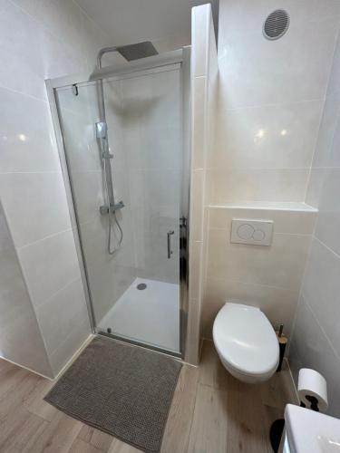 une salle de bain blanche avec douche et toilettes dans l'établissement Studio neuf et central, à Antibes