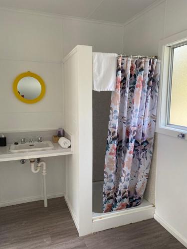 La salle de bains est pourvue d'un lavabo et d'un rideau de douche. dans l'établissement Aruma Cottage Bruny Island, à Alonnah