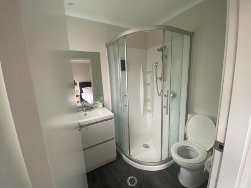 a bathroom with a shower and a toilet and a sink at Hamilton Hospital Retreat - 2 Bedroom Townhouse Modern Warm Quiet in Hamilton