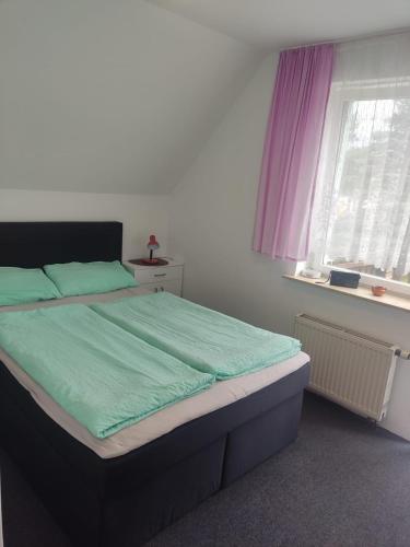 a bedroom with a bed with green sheets and a window at Pokoje Gościnne U Dany in Jarosławiec