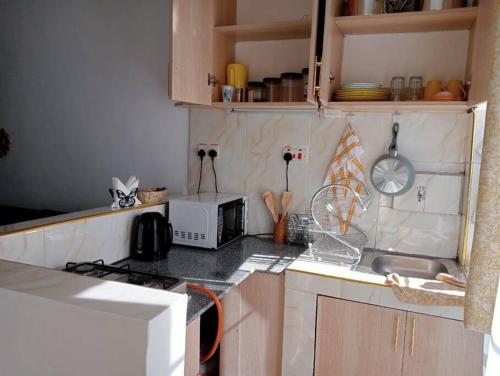 a kitchen with a counter top with a microwave at Exquisite 1br Apartment along Eldoret-Kisumu Road close to Eldoret Polytechnic in Eldoret