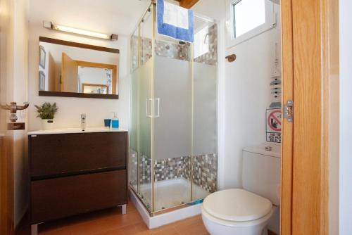 a bathroom with a shower and a toilet and a sink at Vista Tostón in Cotillo