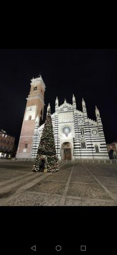 a christmas tree in front of a large building at La casa di Greta in Monza