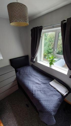 ein kleines Schlafzimmer mit einem Bett und einem Fenster in der Unterkunft My Little Home in Letterkenny